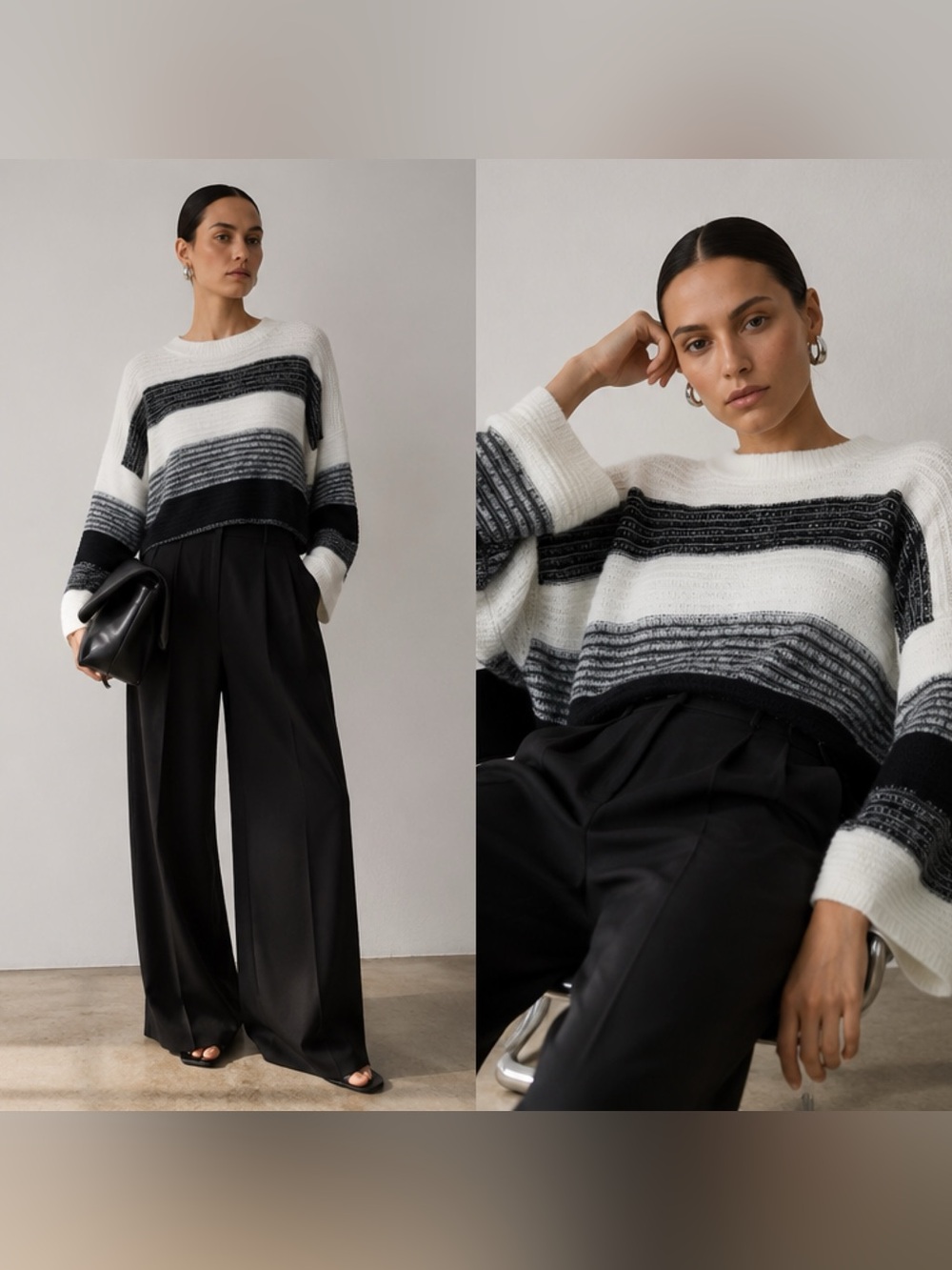 Sablyn Cisco Dolman Cashmere Sweater featuring black, grey, and white stripes